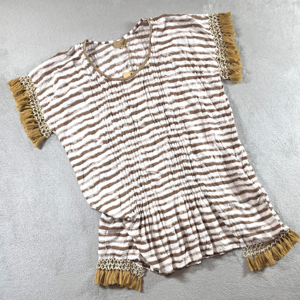 Skemo Beaded Indonesian Kaftan Cover Up Small Tassel Trim Dress Beachy Boho